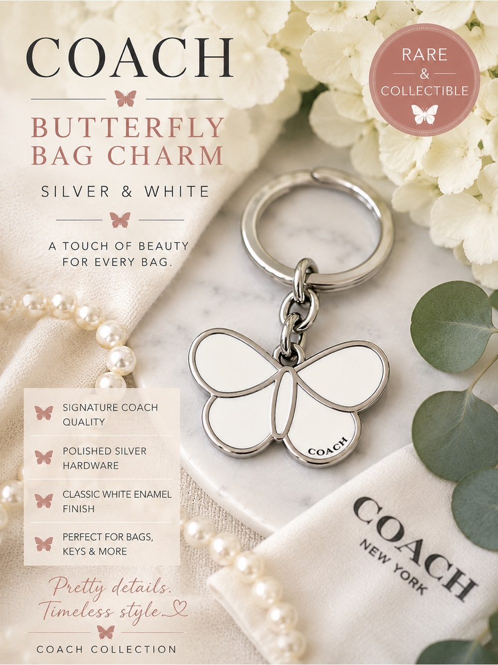 Coach White Enamel Butterfly Keychain & Bag Charm Silver Hardware NEW
